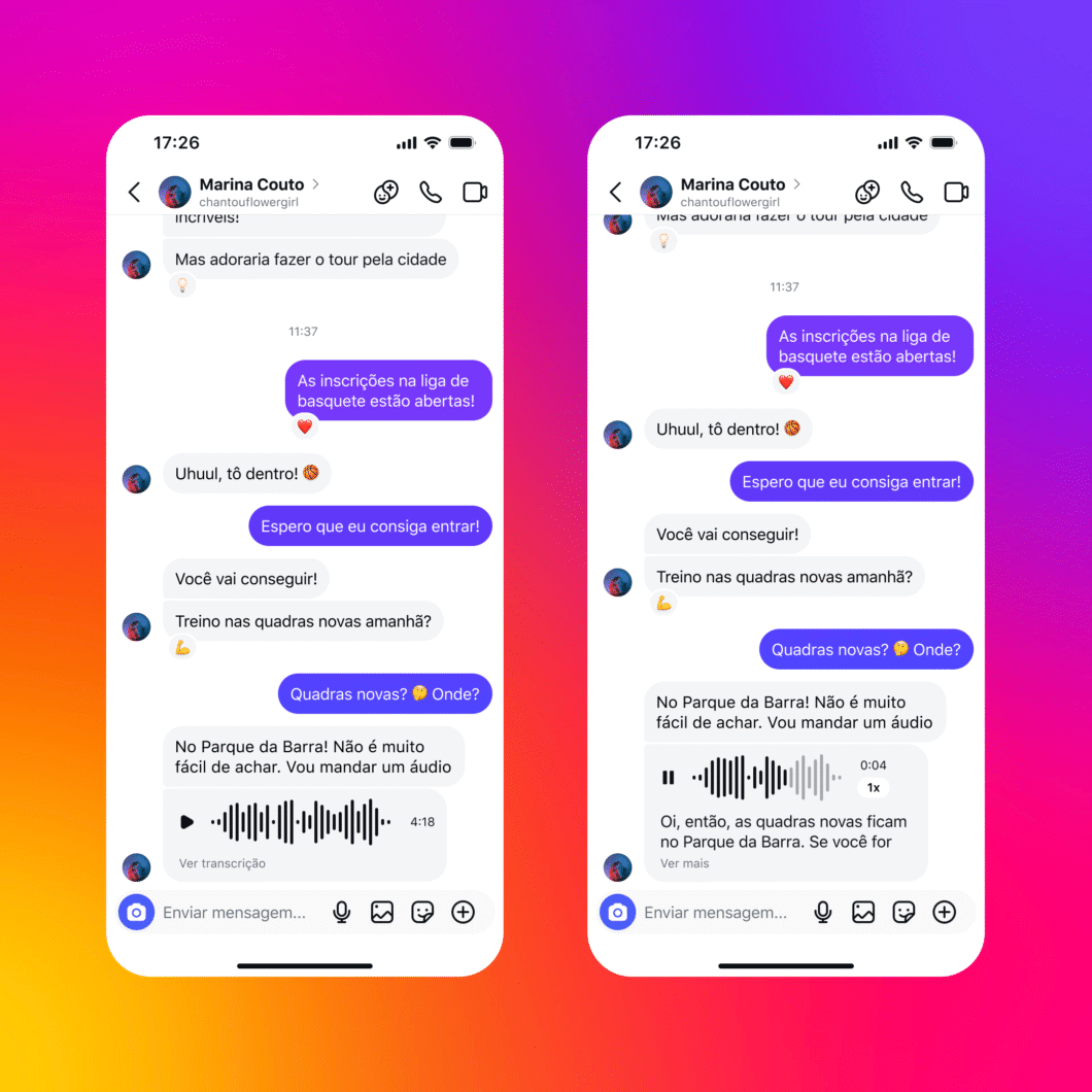 Transcrição de áudio e mensagem falada de até 5 minutos no Instagram