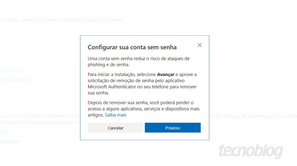 Janela de aprovação da desativação de senha via Microsoft Authenticator
