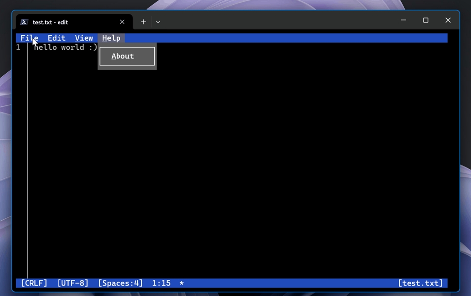 Menu aberto no Microsoft Edit para Windows 11