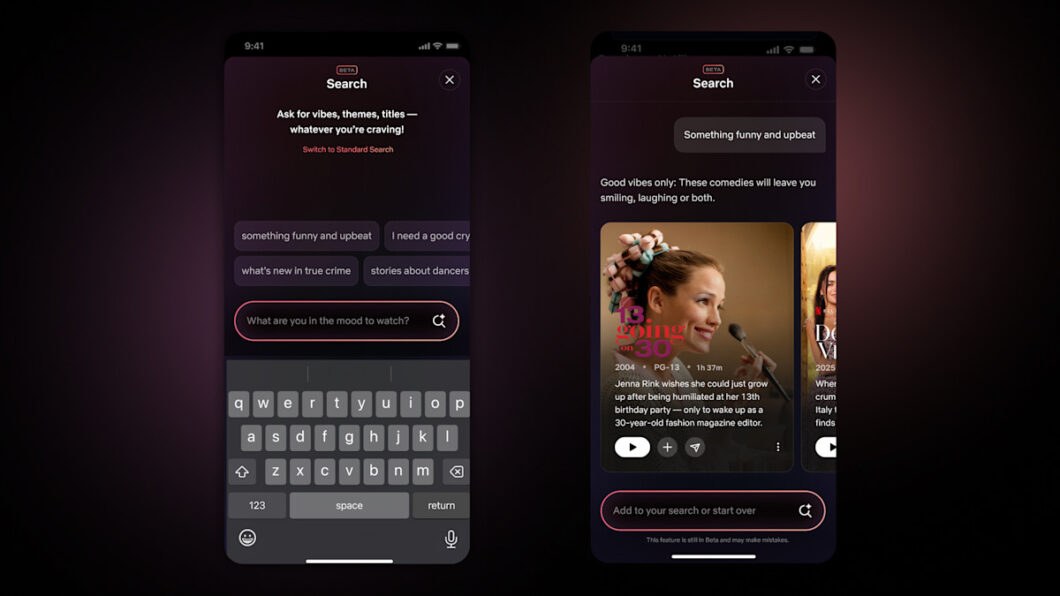 Tela dividida de um aplicativo de streaming. À esquerda, interface de busca com o texto "What are you in the mood to watch?" e sugestões como "something funny and upbeat". À direita, resultado da busca com destaque para o filme "13 Going on 30", acompanhado de imagem de uma mulher sorrindo com microfone. Interface tem visual escuro e moderno, com botões e ícones em destaque.