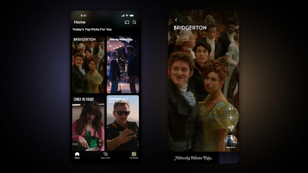 Dois celulares exibem a interface de um app de streaming. À esquerda, a tela "Home" mostra sugestões com capas de séries como "Bridgerton", "Emily in Paris" e "Formula 1". À direita, tela em formato vertical destaca uma cena de "Bridgerton", com dois personagens em trajes de época, acompanhada de ícones para curtir, adicionar e compartilhar. Interface escura, com foco em navegação por toque.