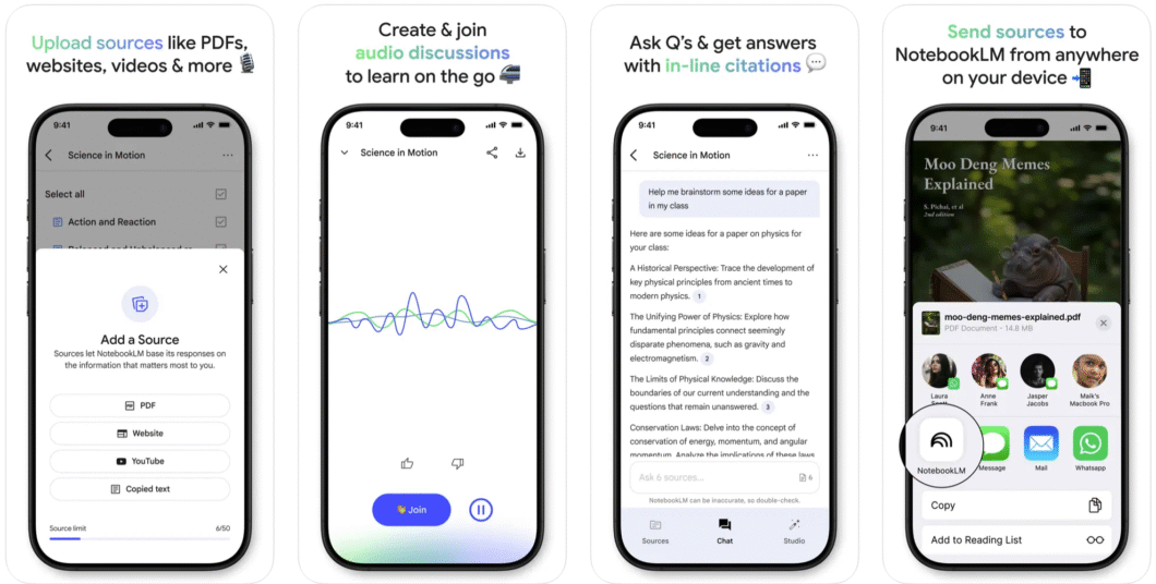 Quatro telas de smartphone exibem funcionalidades do NotebookLM. A primeira mostra a opção de adicionar fontes como PDFs, sites e vídeos. A segunda exibe uma interface para participar de discussões em áudio. A terceira apresenta respostas com citações embutidas. A quarta ilustra o envio de fontes a partir de outros aplicativos.