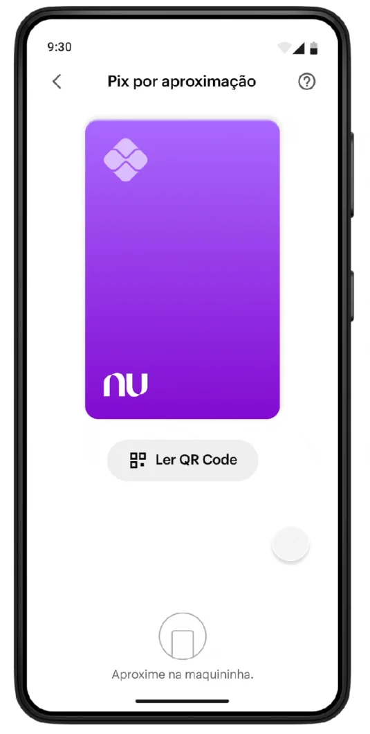 GIF mostra tela de celular fazendo Pix por aproximação. A primeira tela instrui o usuário a aproximar o celular da maquininha. Depois, há opções para pagamento com saldo da conta ou com limite do cartão. Por fim, é feita a confirmação com biometria, e um comprovante é exibido.