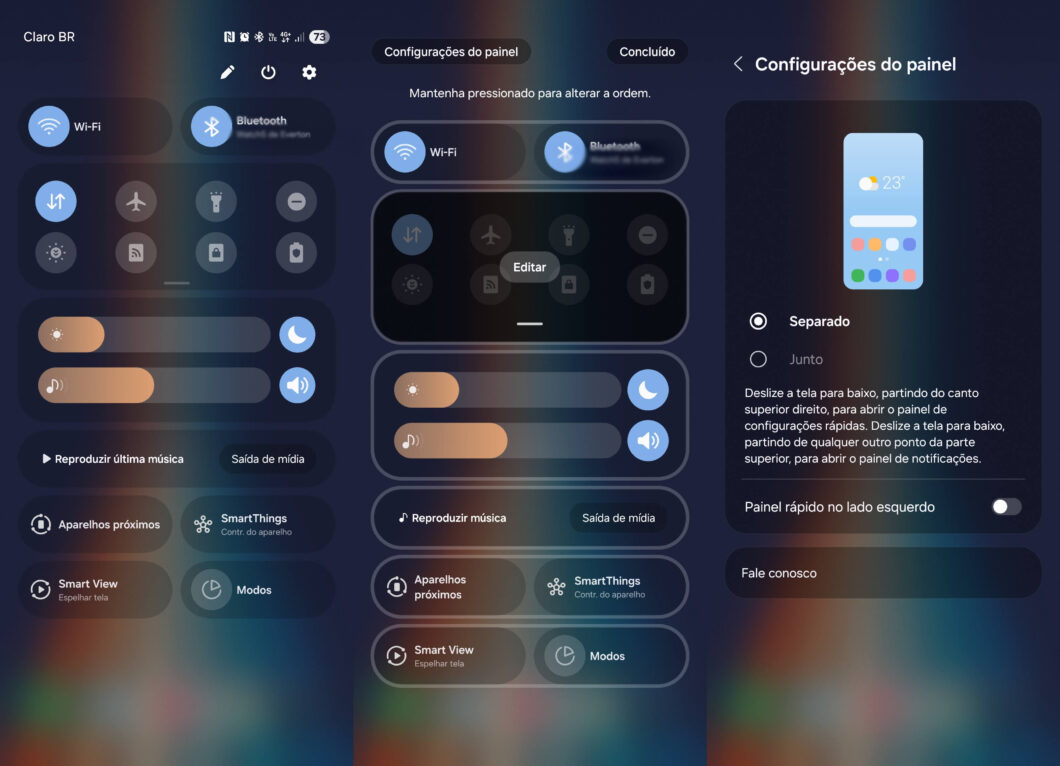 Imagem mostra o painel de notificações da One UI 7 aberto à esquerda, mostrando ícones de funções, controles de brilho e volume, e opções como reprodução de mídia e SmartThings. À direita, uma prévia do painel parcialmente aberto com controles de brilho e temperatura, e opções para visualização separada ou conjunta, com a separada selecionada. Instruções explicam como acessar os painéis.