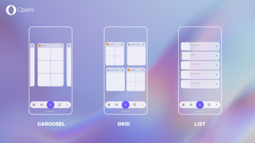 Ilustração com os modos de visualização de guias no Opera para Android