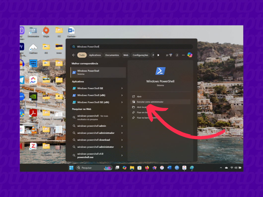 Menu de busca do Windows com o PowerShell sendo executado como administrador