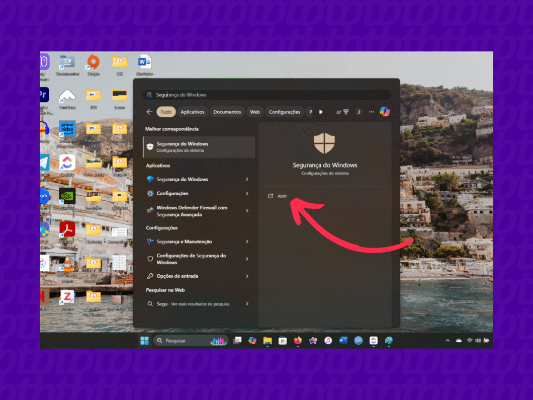 Menu do Windows mostrando o aplicativo Segurança do Windows com a opção de abrir