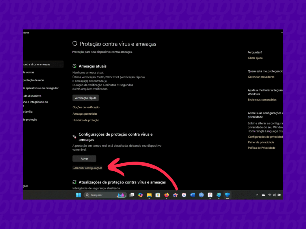 Tela do antivírus do Windows com botão de ativar e acesso às configurações de proteção