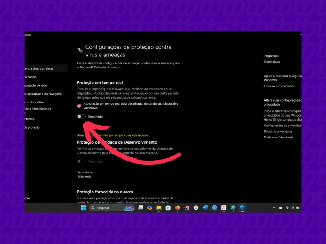 Tela de configurações com a proteção em tempo real desativada e botão para ativar