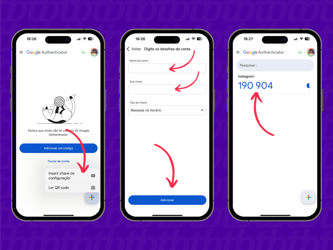 Telas do app mostrando opções de adicionar conta por QR code ou chave, e o código gerado para o Instagram.