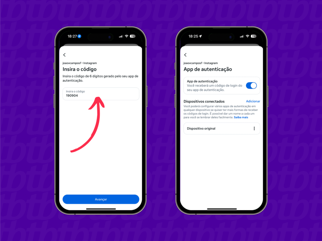 Instagram solicitando código gerado pelo aplicativo para concluir a autenticação.