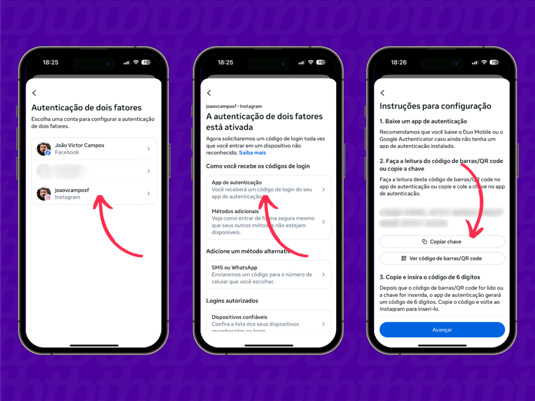 Telas do Instagram mostrando ativação do app autenticador e geração do código para uso no Google Authenticator.