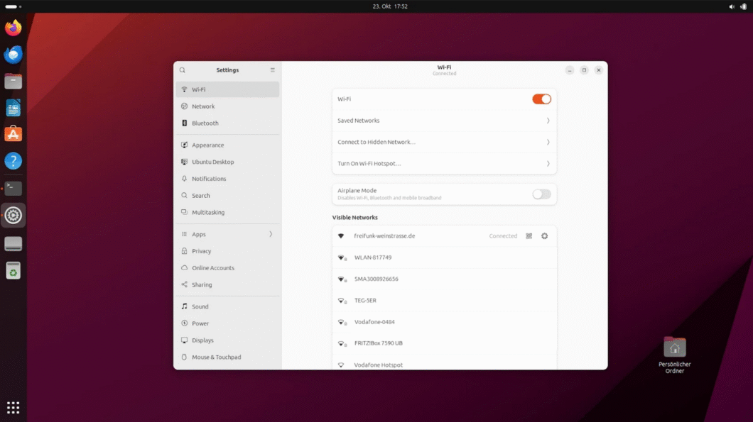 Tela de configurações do Ubuntu mostrando opções como Wi-Fi, aparência, notificações e multitarefa