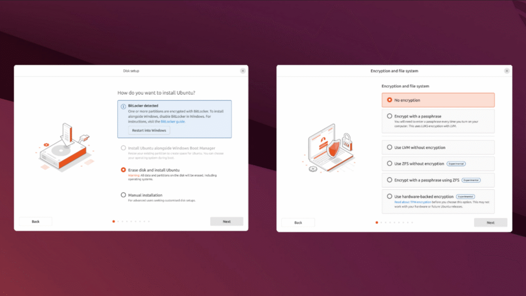 Assistente de instalação do Ubuntu com opções de particionamento do disco e configurações de criptografia