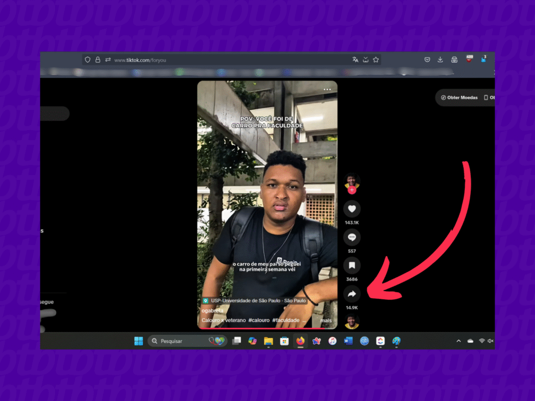 Interface do TikTok no navegador com botão de compartilhar destacado