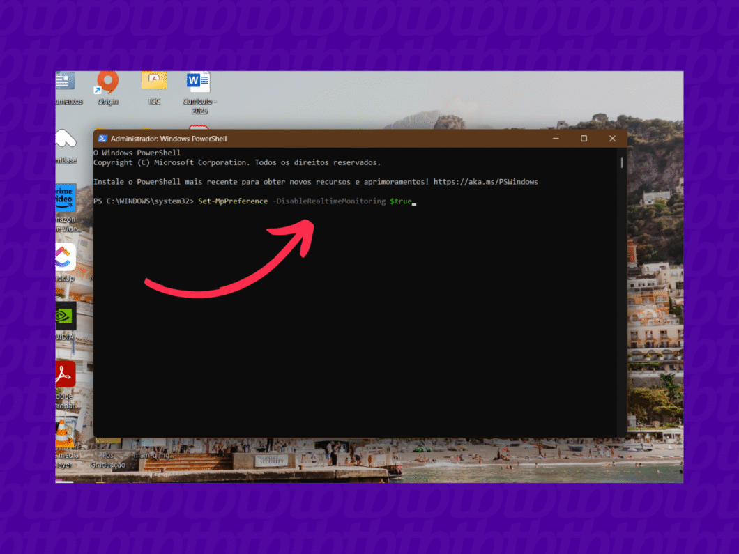 Janela do PowerShell com o comando Set-MpPreference -DisableRealtimeMonitoring $true digitado