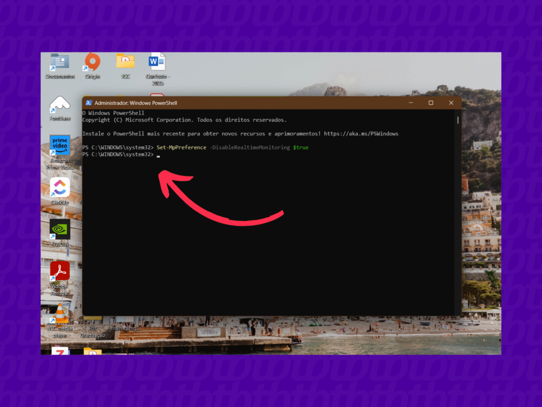 PowerShell exibindo o terminal pronto após o comando de desativação ser executado com sucesso