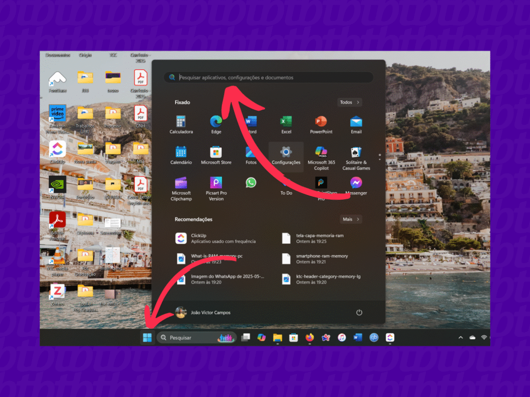 Menu do Windows com o campo de busca em destaque