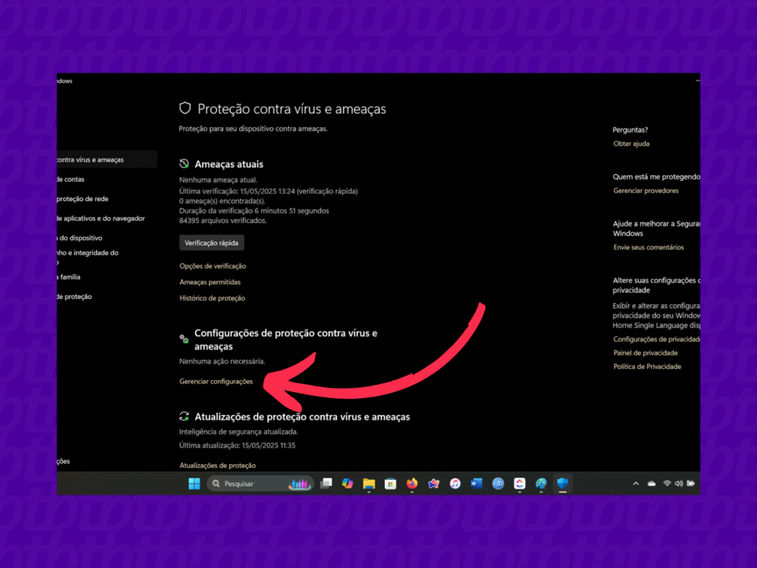 Interface de proteção contra ameaças com o botão “Gerenciar configurações” visível