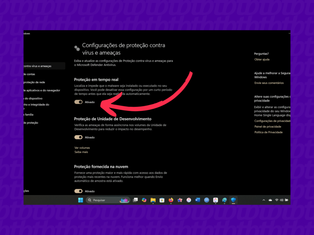 Configurações do Windows Defender com a proteção em tempo real ativada, pronta para ser desligada
