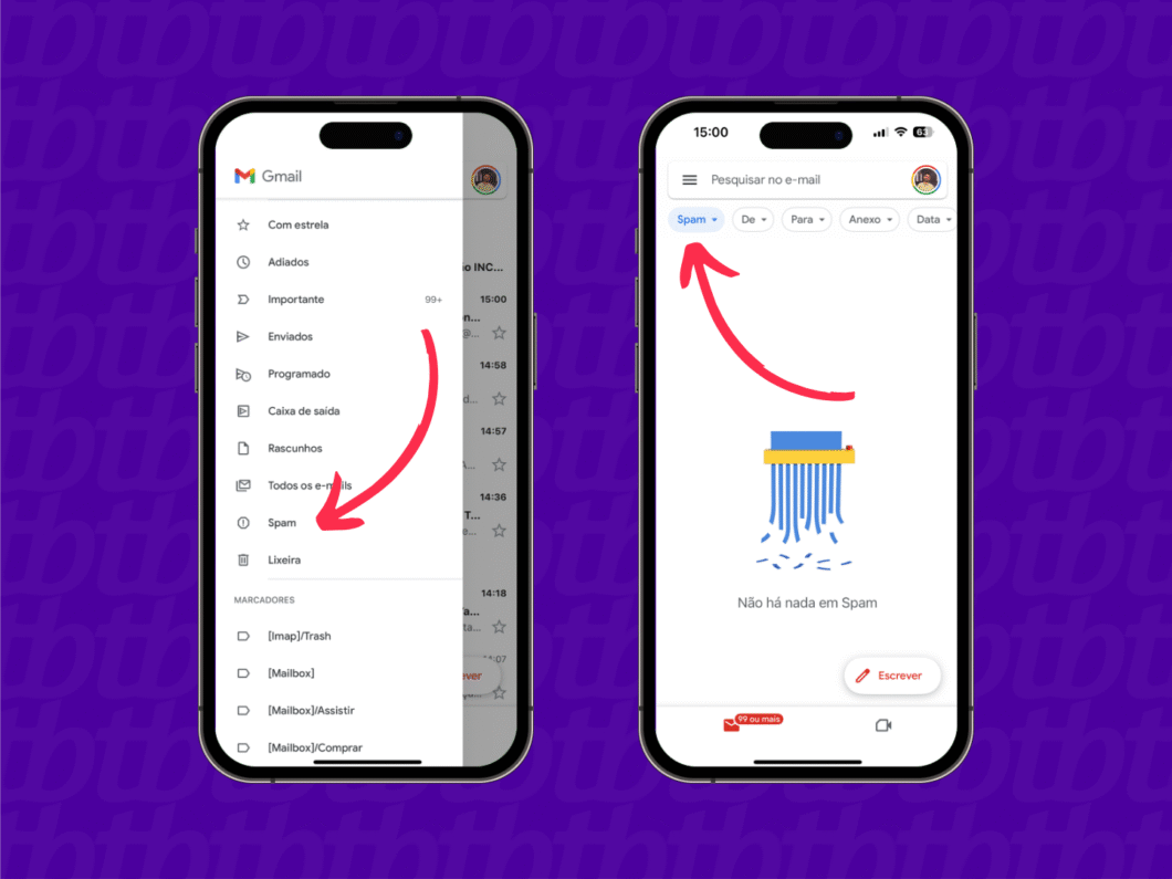 Captura de tela mostrando a navegação até a pasta “Spam” no Gmail e o aviso de que não há mensagens na pasta