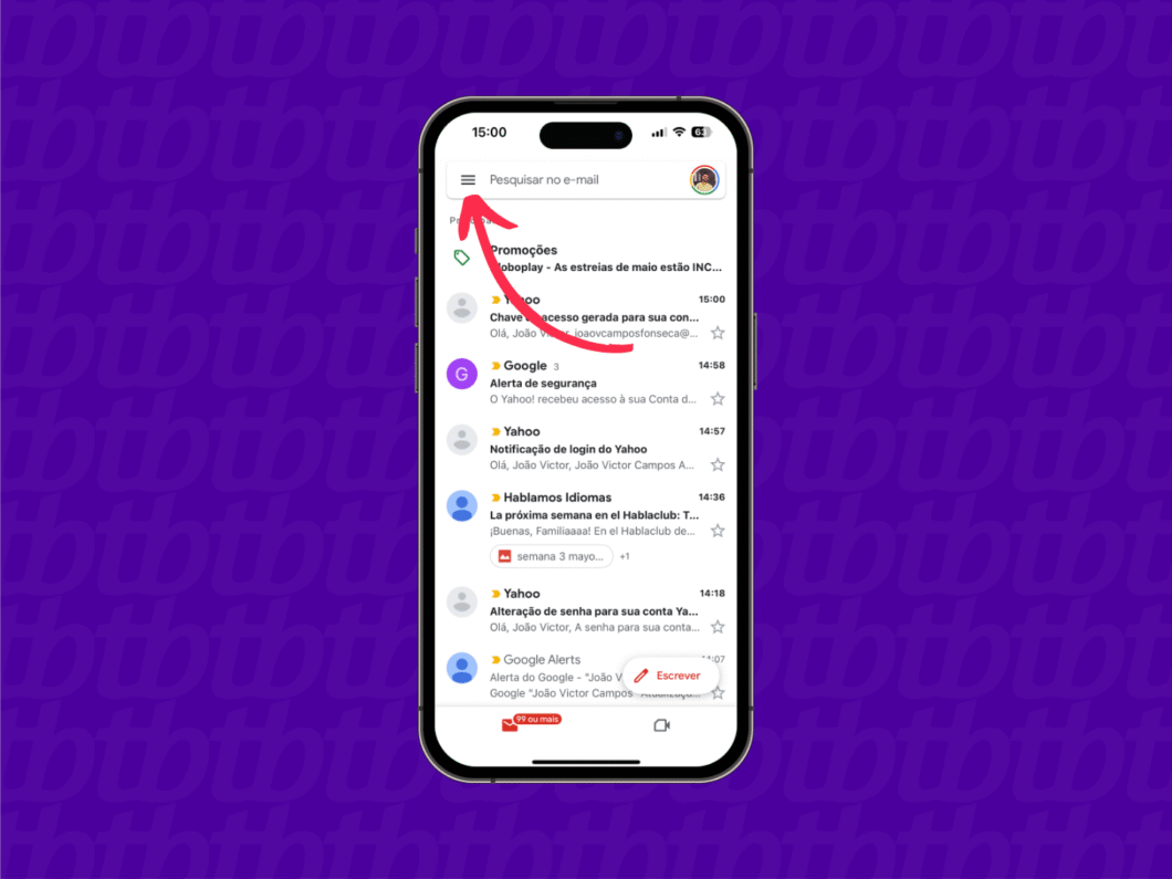 Print do aplicativo do Gmail no iPhone com uma seta apontando para o ícone de menu no canto superior esquerdo