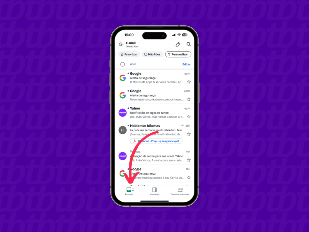  Aplicativo do Yahoo Mail no celular com seta destacando o ícone “Entrada” na parte inferior da tela