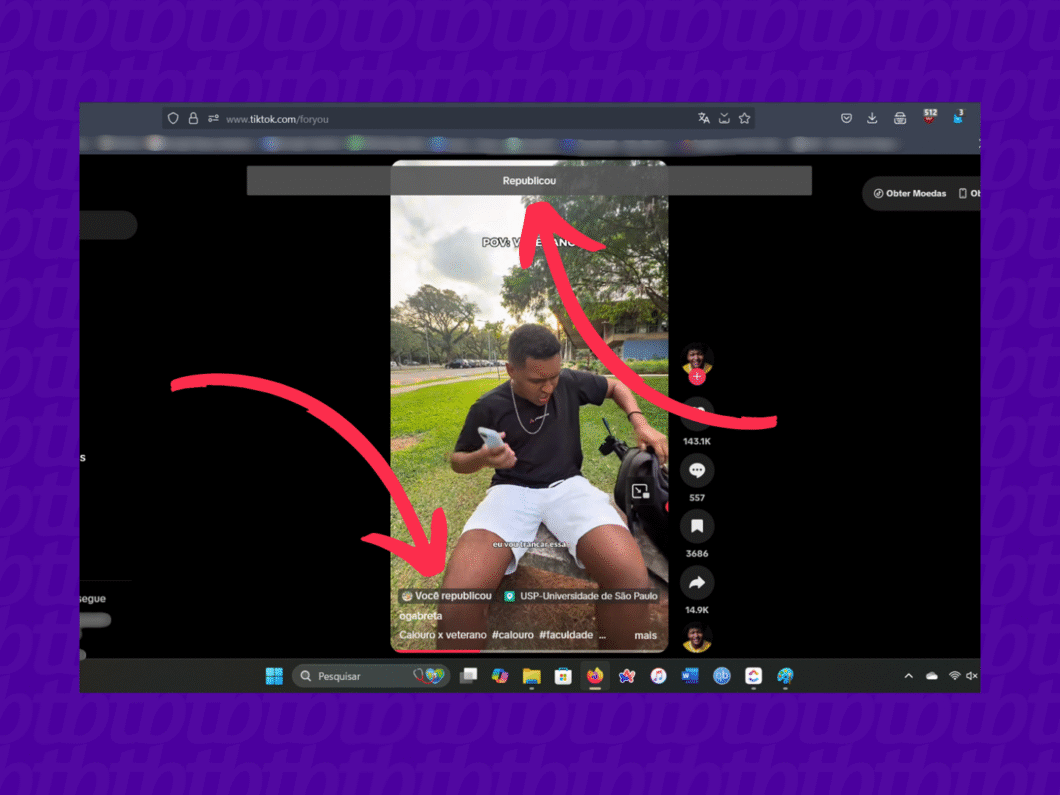 Selo de republicação exibido no rodapé do vídeo no TikTok via navegador