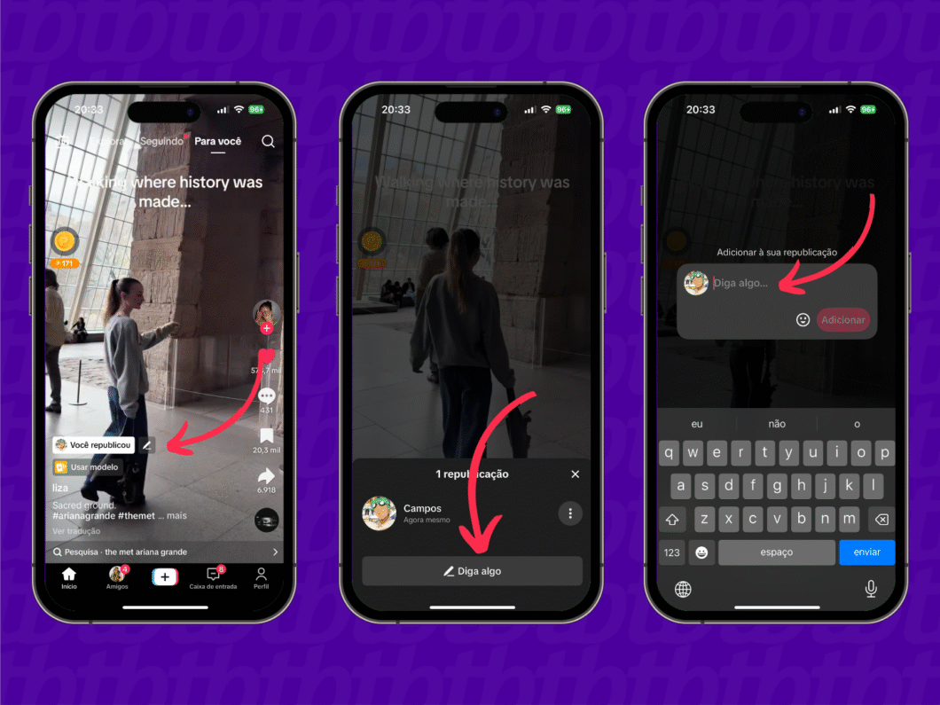 Campo de texto para adicionar comentário após republicar vídeo no TikTok