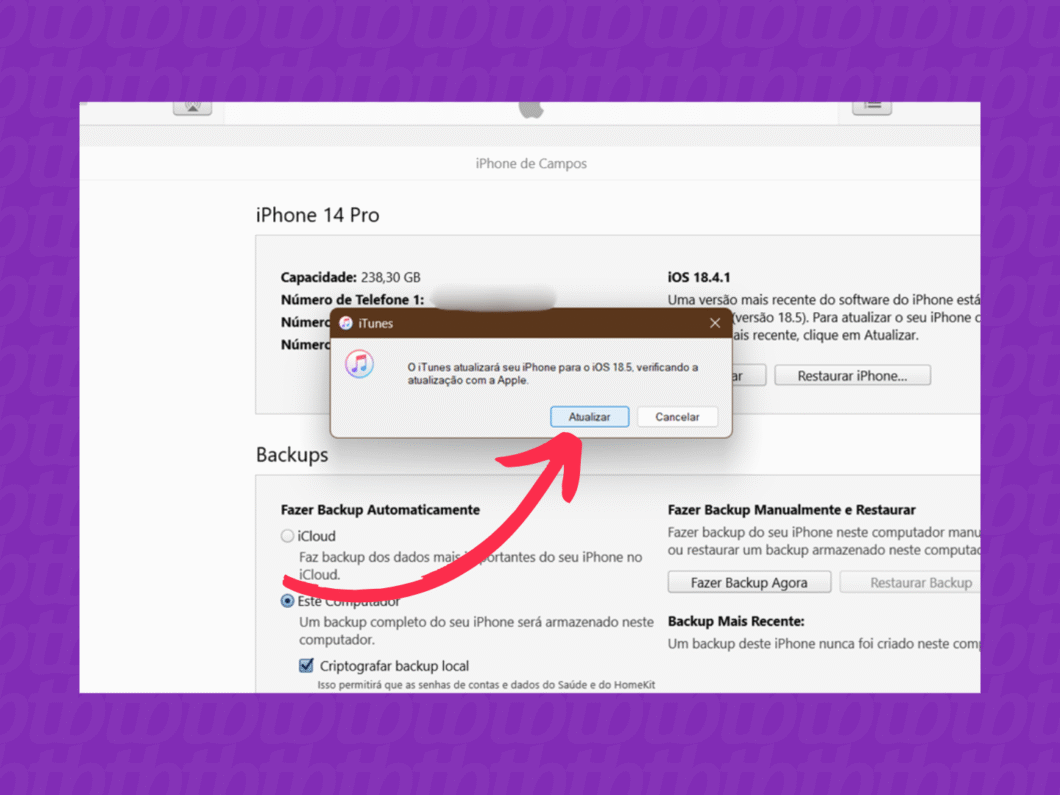 Tela do iTunes exibindo a confirmação de que o software do iPhone será atualizado para o iOS 18.5.