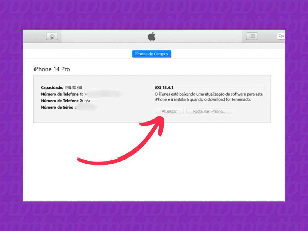 Tela do iTunes informando que está baixando o iOS 18.5 e instalará ao final do download.