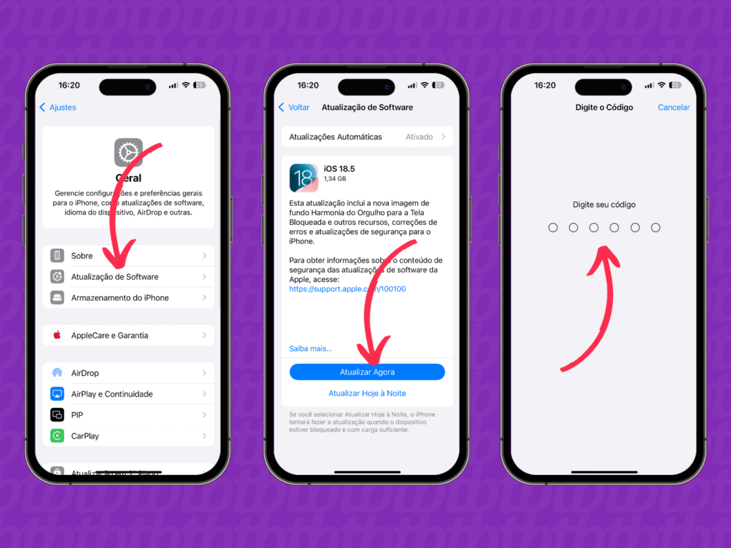 Três imagens do iPhone: primeiro acessando o menu “Atualização de Software”, depois exibindo o botão “Atualizar Agora”, e por fim a tela para digitar o código de acesso.