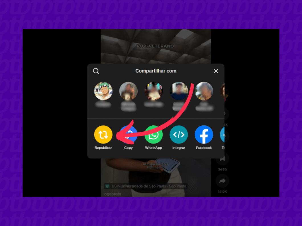 Menu de compartilhamento do TikTok Web com a opção “Republicar” em destaque