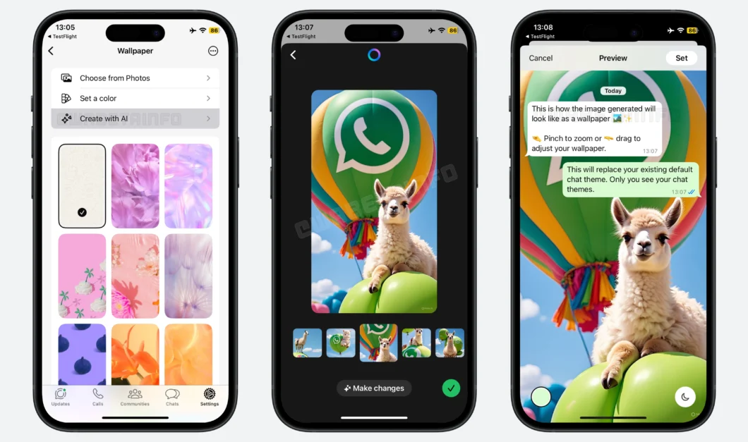 Montagem de três capturas de tela do WhatsApp demonstrando o novo recurso de criação de papéis de parede com Inteligência Artificial.