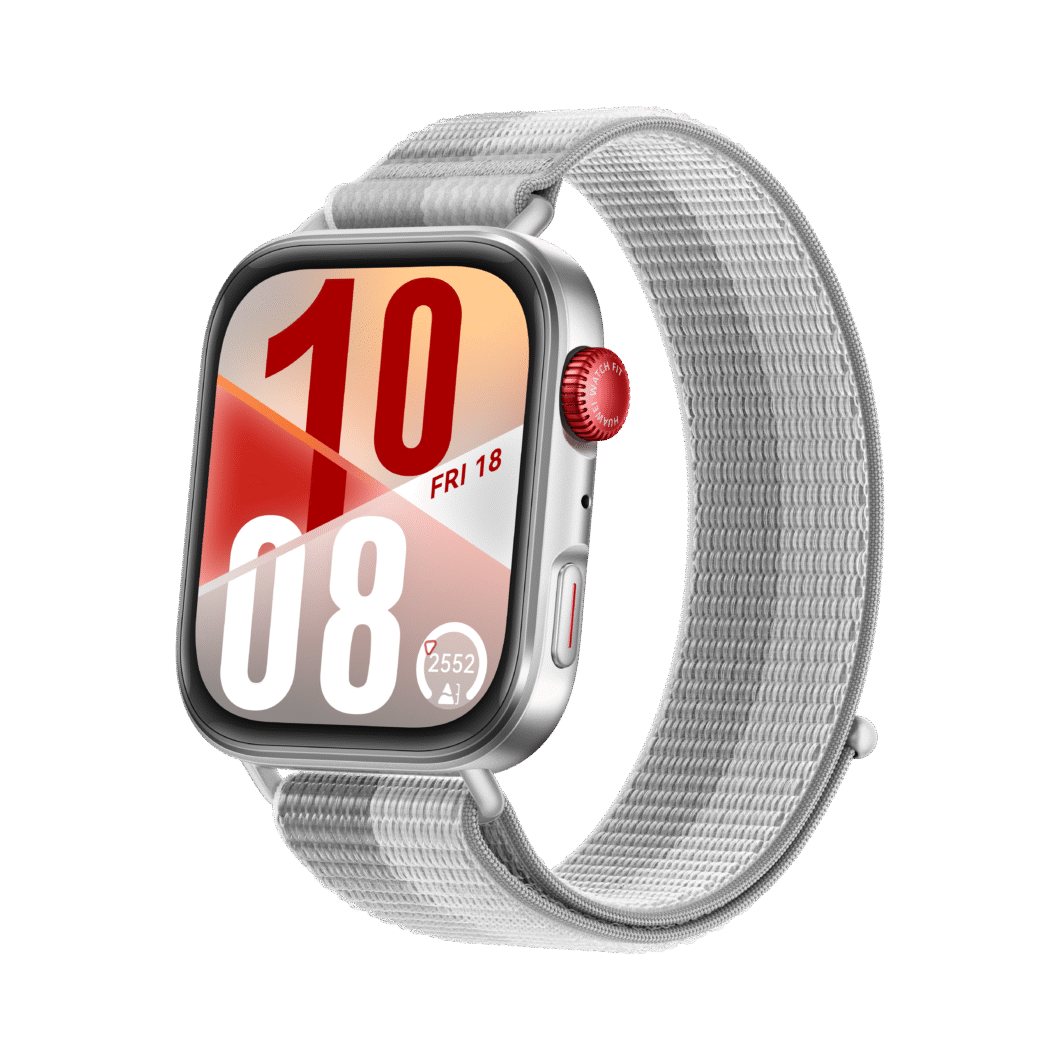 Relógio inteligente quadrado com tela colorida mostrando o horário "10:08" em vermelho e branco, data "FRI 18" e contagem de passos "2552". Pulseira de tecido cinza clara e coroa vermelha lateral com a inscrição "HUAWEI WATCH FIT".