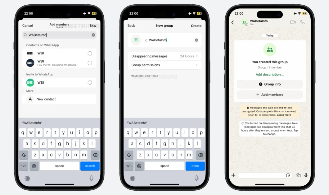 Três capturas de tela do WhatsApp no iPhone mostram a criação de um grupo vazio. Na primeira tela, há um botão "Pular" para avançar sem adicionar membros. A segunda tela mostra o grupo nomeado "WABetaInfo", ainda sem participantes. A terceira confirma a criação do grupo com apenas o criador como membro e destaca que as mensagens desaparecerão após 24 horas.