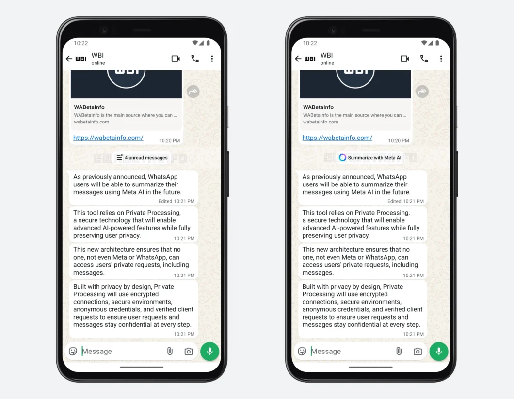 Dois celulares mostram a interface do WhatsApp com uma nova função de IA. À esquerda, aparece o aviso “4 unread messages”; à direita, esse aviso é substituído por um botão “Summarize with Meta AI”.