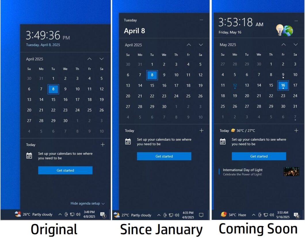 Capturas de tela mostrando o relógio com segundos do Windows 10