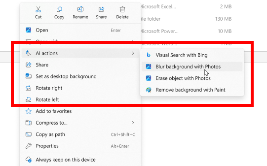 Menu de contexto do Windows aberto, com a opção "AI actions" selecionada e um submenu visível. O submenu mostra quatro opções: "Visual Search with Bing", "Blur background with Photos", "Erase object with Photos" e "Remove background with Paint". O cursor está sobre a opção "Blur background with Photos". O restante do menu exibe comandos padrão como cortar, copiar, renomear, compartilhar, girar e propriedades.