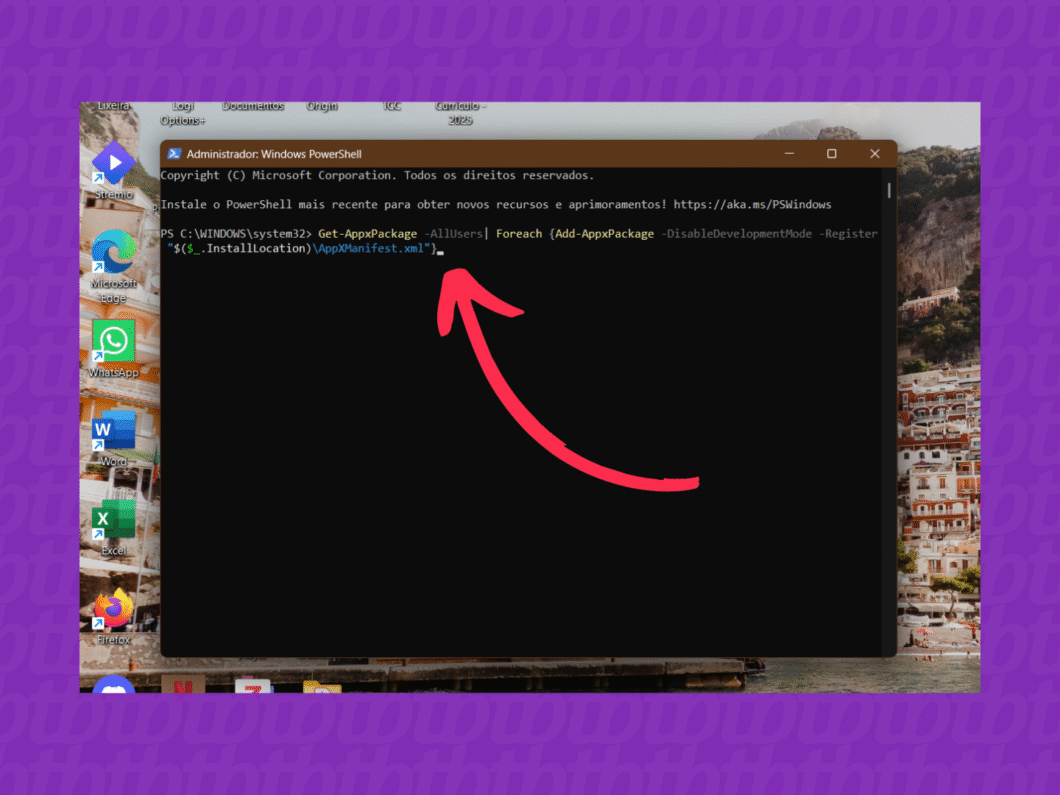 PowerShell do Windows com comando para reinstalar pacotes do sistema.