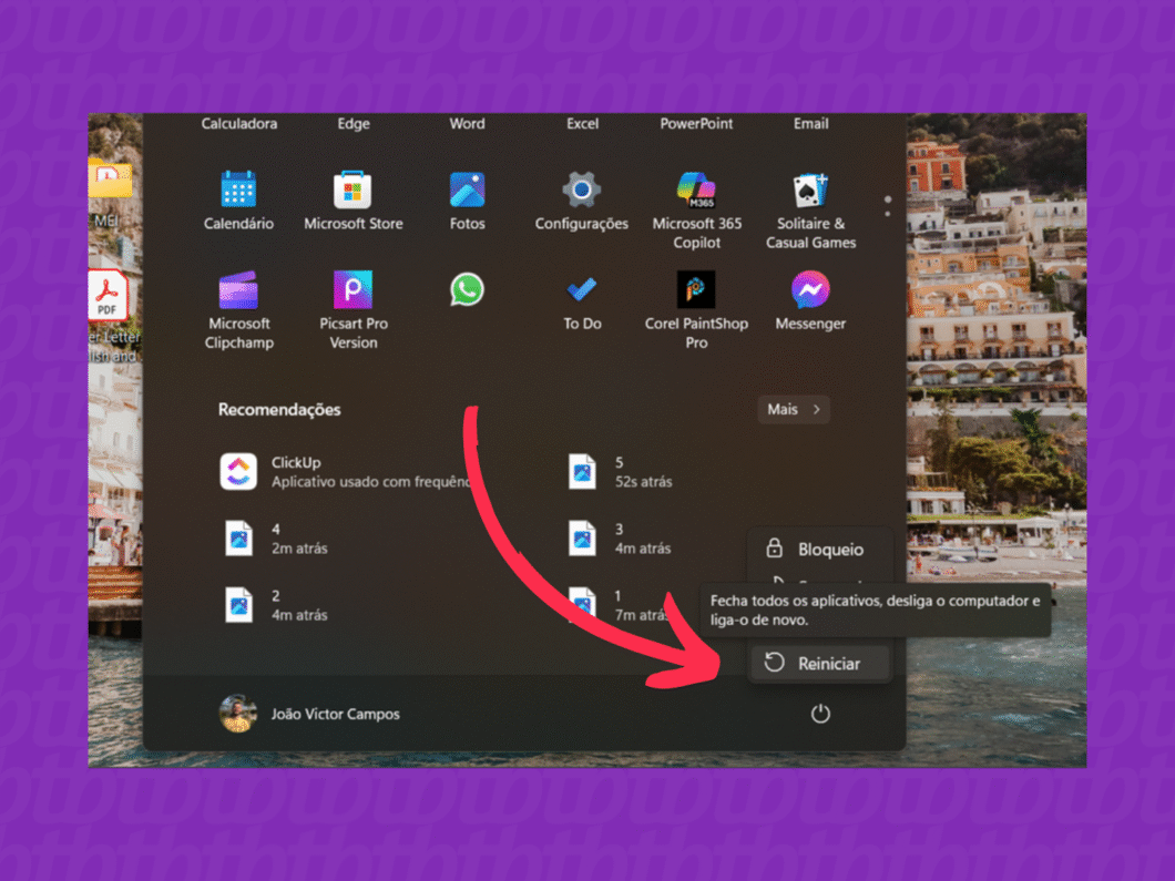 Menu do Windows exibindo a opção “Reiniciar” com seta indicativa.