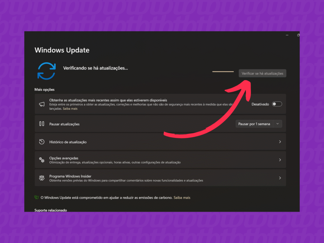 Tela do Windows Update verificando por novas atualizações disponíveis.