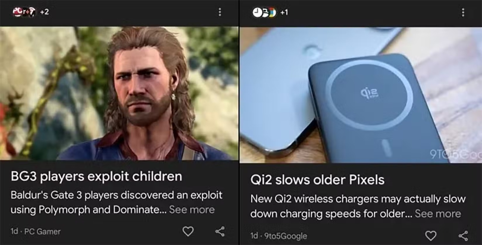 Google Discover enfrenta críticas após IA alterar manchetes de notícias 2 Duas manchetes exibidas em feed do Google Discover com títulos alterados pela IA e imagens relacionadas a videogame e carregador wireless Qi2