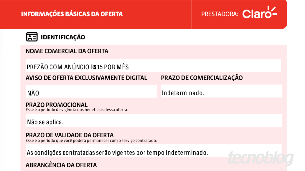 Tabela com dados do plano Claro Prezão com Anúncio