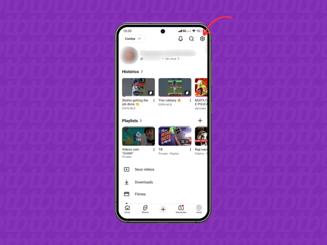 Entrando nas configurações do YouTube