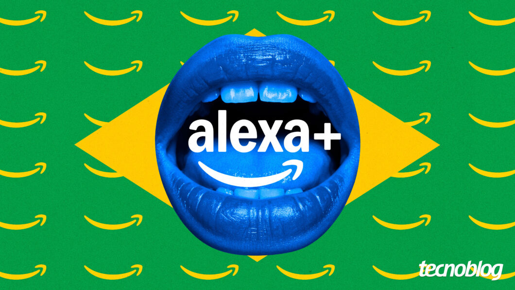 ALEXA+ no lábio azul, com fundo verde e seta amarela, sorrindo e usando o símbolo de risadas