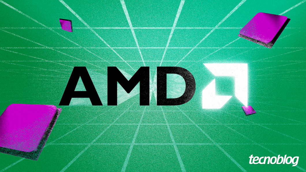 Ilustração com a sigla AMD em destaque sobre GPUs e trilhas verdes. Na parte inferior direita, o logotipo do  "tecnoblog" é visível.