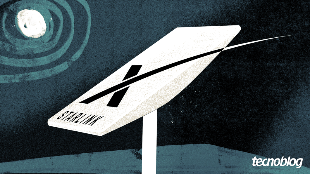 Ilustração com uma antena e o logotipo da Starlink