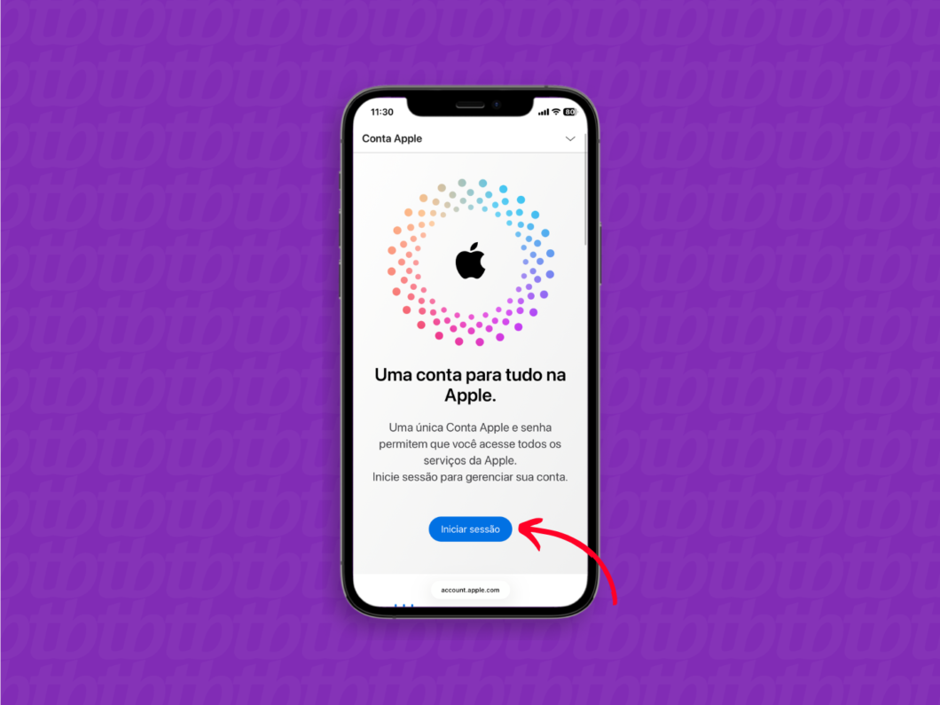 Tela do iPhone mostrando a Conta Apple e o botão “Iniciar sessão”