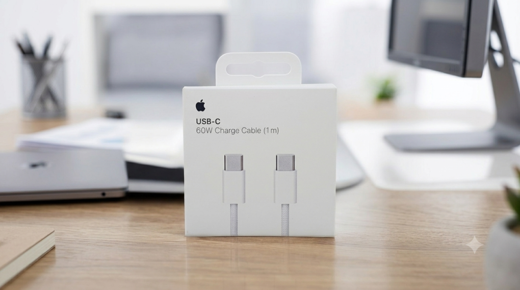 Caixa de cabo de carregamento USB-C da Apple (USB-C 60W, 1 m), usada para ilustrar detalhes de autenticidade como lacres e selos MFi